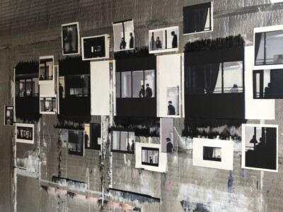 Windows on paper Installation 2020 oil on paper, insulating foil, tape, magnets, pushpins total size +/- 250 x 350 cm