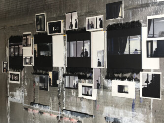 Windows on paper Installation 2020 oil on paper, insulating foil, tape, magnets, pushpins total size +/- 250 x 350 cm