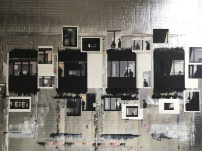 Windows on paper Installation 2020 oil on paper, insulating foil, tape, magnets, pushpins total size +/- 250 x 350 cm