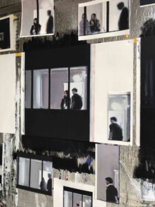Windows on paper Installation 2020 oil on paper, insulating foil, tape, magnets, pushpins total size +/- 250 x 350 cm, detail