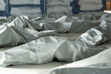 Body bags the istallation 2019
acrylic on canvas, objects of fabric filled with cardboard 450 cm x 552 cm x +/- 1000 cm detail